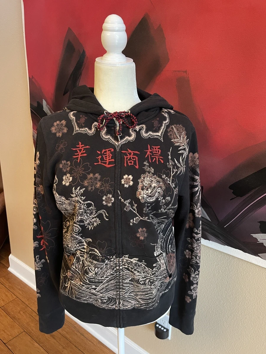 VINTAGE LUCKY BRAND L HOODIE Y2K ASIAN EMBROIDERY + GRAPHICS DRAGON YING  YANG