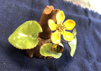 Yellow Flower Blossoms Norman Brumm Enamel On Copper Sculpture Wood Base