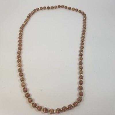 Vintage Silk Satin Thread Beaded Necklace Jewelry Brown Gold Tone Spacers