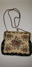 VTG FLORAL TAPESTRY KISS LOCK Purse WEST GERMANY GOLD LINK CHAIN STRAP MINT