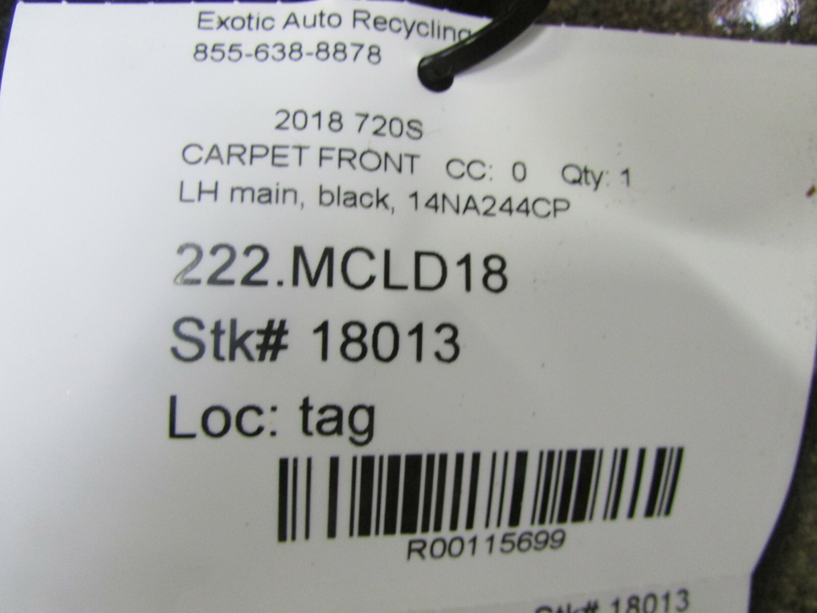 Mclaren 720, LH, Left Main Carpet, Black, Used, P/N 14NA244CP