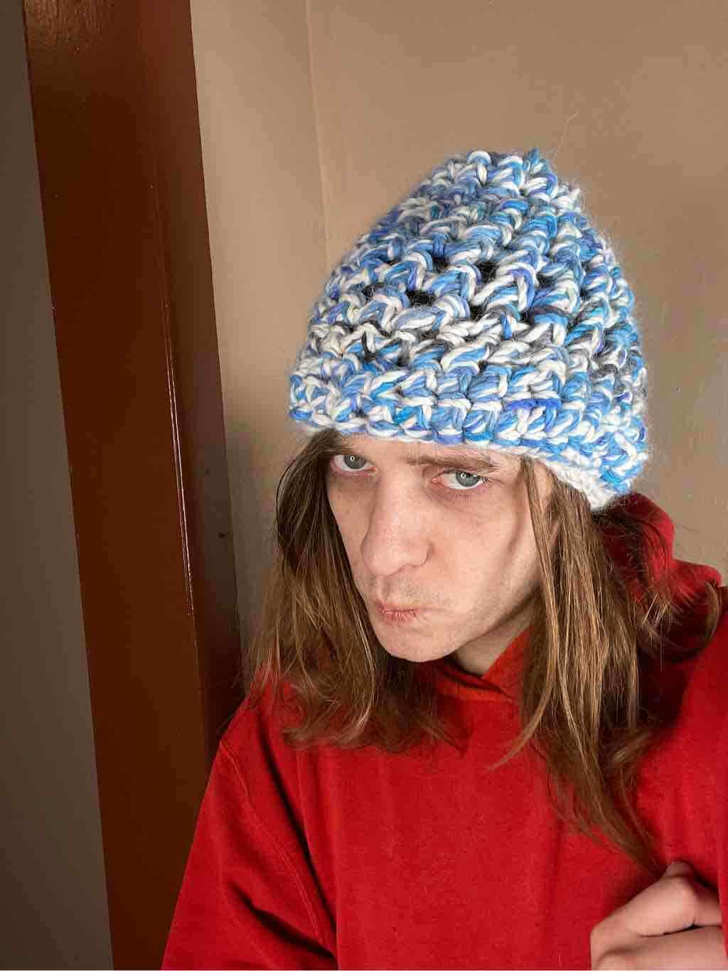 beanie crochet fashion Y2K blue white winter hat ocean blue white-image