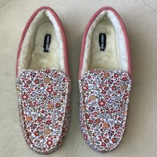 Lands' End Womens SIZE 10 Flannel Moccasin Fur Insole Slippers Ivory Pink Floral