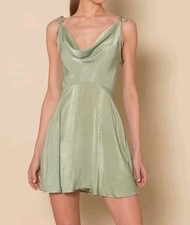 Lulu's Sage Green Satin Cowl-neck Tie-Back Mini Dress Small