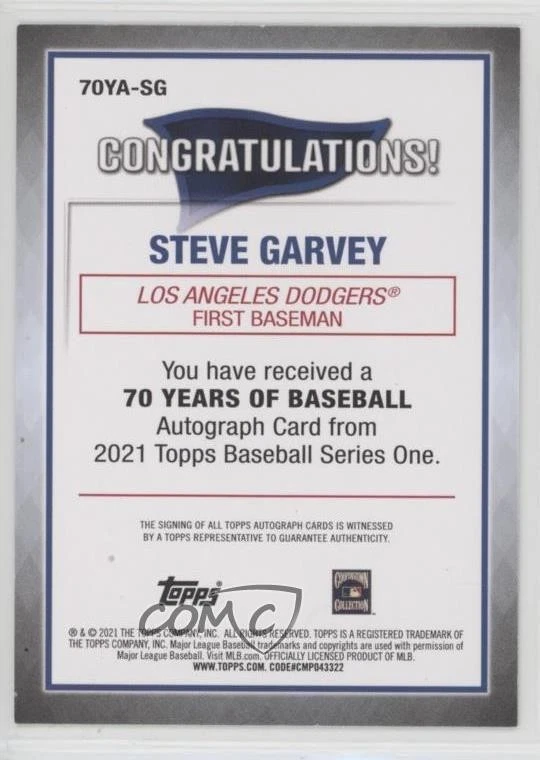 2021 Topps 70 Years of Baseball Auto Black /50 Steve Garvey #70YA-SG Auto - Image 2 of 2