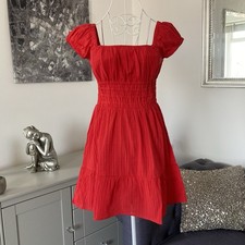 Rhythm Red Cotton Square Neck Cap Sleeve Shirred Waist Mini Dress XS 6-8 RRP £55