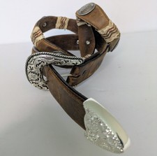 VTG TONY LAMA Brown Leatherbelt. Silver Conchos Buckle Tip Scalloped Size 36
