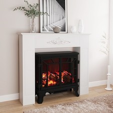 Freestanding Electric Fireplace Stove Black Cast Iron Style Log Flame Heater