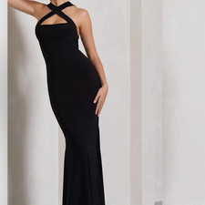 CLUB L LONDON  CROSS MY HEART BLACK SLEEVELESS CROSS-NECK MAXI DRESS