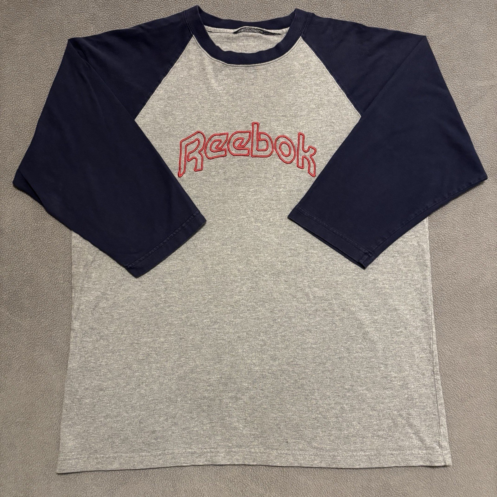 Vtg Reebok Baseball Shirt Men's XL Gray Navy Blue 3/4 Sleeves Embroidered READ