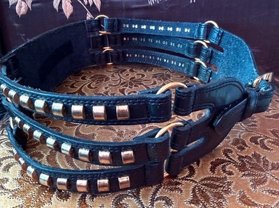 Bebe Wide Leather 3-strand Belt   Black w/ Gold Buckle, Studs, Rings -M/L  NWOT