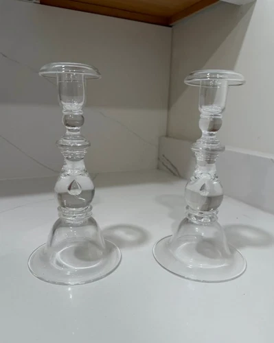 2 Steuben 7792 Teardrop Bubble Shafts Crystal Candlesticks Frederick Carder ~9''