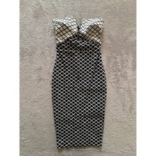 Black White Grid Print Strapless Bodycon Midi Dress V-Neckline Sweetheart