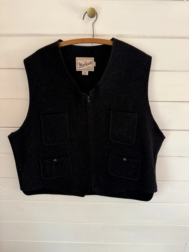 Colete de caça esportivo vintage Woolrich listra de giz utilitário carvão preto masculino tamanho XXL - Imagem 2 de 4