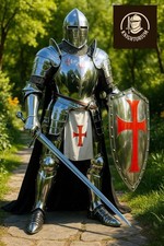 Full Medieval Knight Armor Set  Mirror Polished Steel, Templar Shield