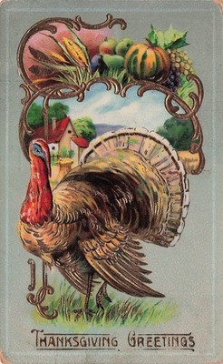 Antique Thanksgiving Card Turkey Farm Scene Rural Country Side Vtg Postcard 10A