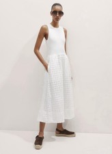 ⭐ME+EM- Women's 2 Soft White Knit + Broderie Mixed Media Midi Dress