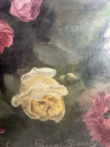 E. PRIVAT-BISSON (XX) Huile sur panneau représentant des roses Ecole Française - Photo 9/11
