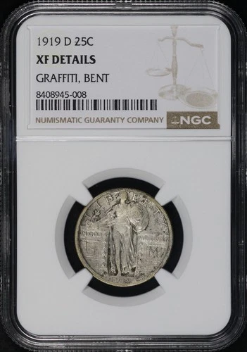 1919-D Standing Liberty Quarter NGC XF Details Graffiti (Suggestive), Bent