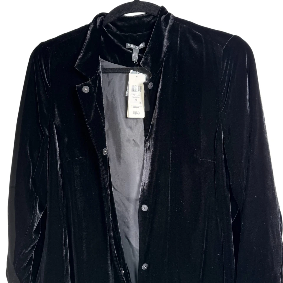 NUEVA Chaqueta Larga Eileen Fisher Mujer Terciopelo Negro Cuello Alto Talla Grande 1X Foto 3 de 4