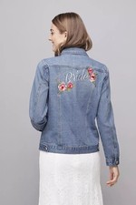 David  s Bridal Embroidered Floral Denim Jacket Medium Bride Bachelorette NWOT