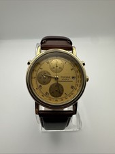 1980’s Vintage Pulsar Quartz Chronograph Gold-Tone Tachymeter Watch- Leather