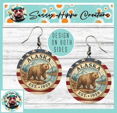 Earrings Round Silver Hook Backs Alaska Established 1959 USA Flag Patriotic