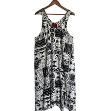 Vintage Lesley Ashworth Hawaii Tribal Print Midi Dress Black White Rayon Flowy