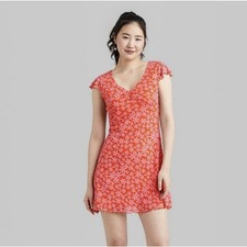 Wild Fable Mini Summer Dress M Orange Floral Ruffle Sleeves Lined Stretch