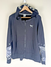Victoria's Secret PINK BLING Full Zip Hoodie Sz LG Black Palms Sequin Dog Logo