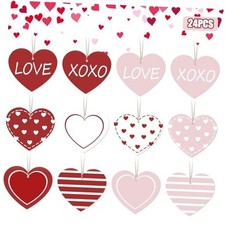 Valentines Day Tree Ornaments 24Pcs Red Pink White Love Hearts Wooden Tree