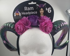 Iridescent Ram Horn Headband w/ Pink Purple Flowers Halloween Cosplay Costume