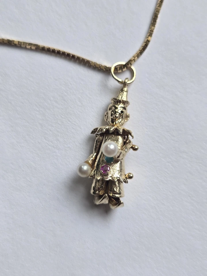 14K Solid Gold Pearl Ruby Sapphire Clown Pendant Box Chain Necklace-11 Grams - Image 2 of 4