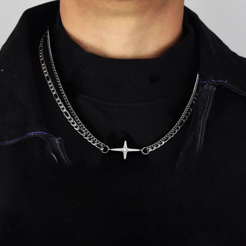 Four Pointed Star Figaro & Curb Chain Korean KPOP Steel Necklace 16/18/20 inches - 第 1/2 張圖片
