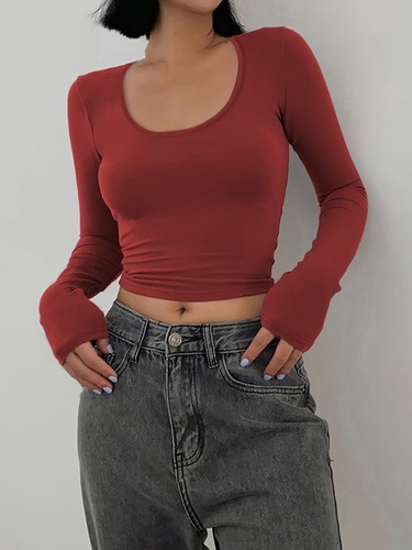 Womens Long Sleeve Crop Tops Ladies Slim Fit Casual T Shirt Blouse Clubwear 6-14 - Picture 7 of 19
