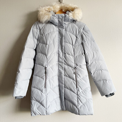 Gerry Womens Gray Faux Fur Collar Warm Long Puffer Parka Coat Size Medium 
