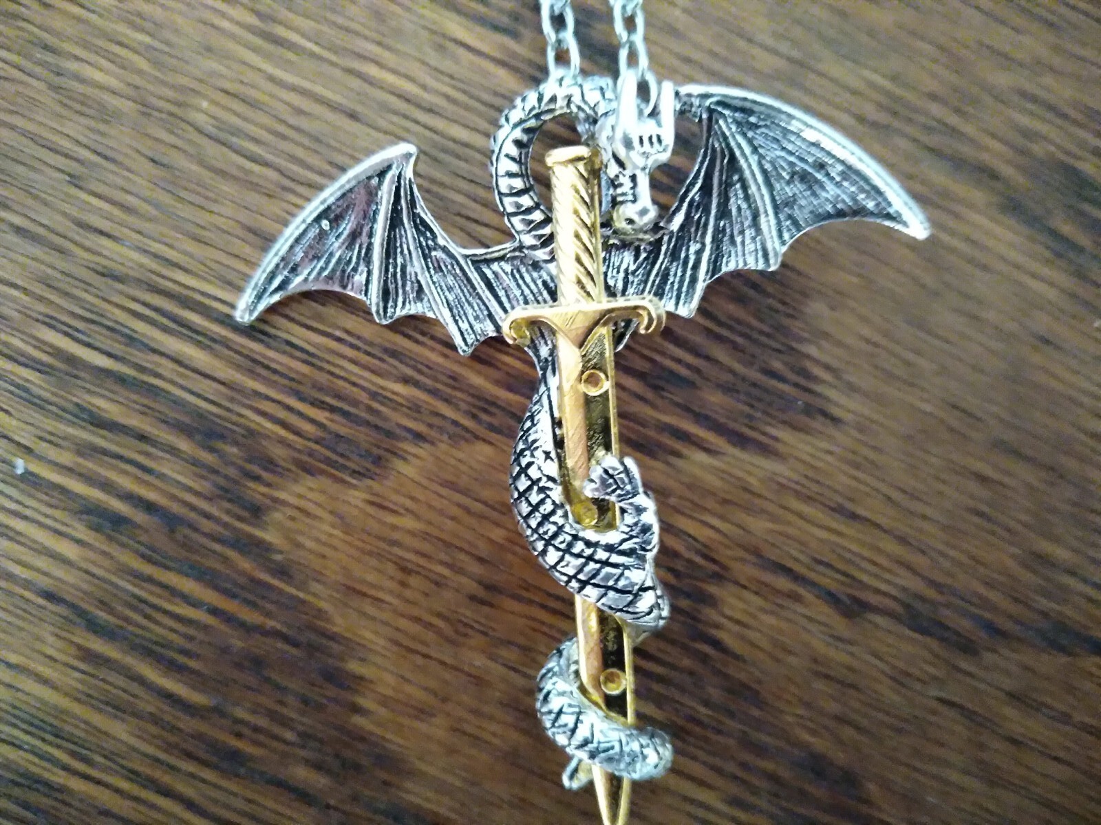 Gold Sword Pendant with Silver Dragon on 10
