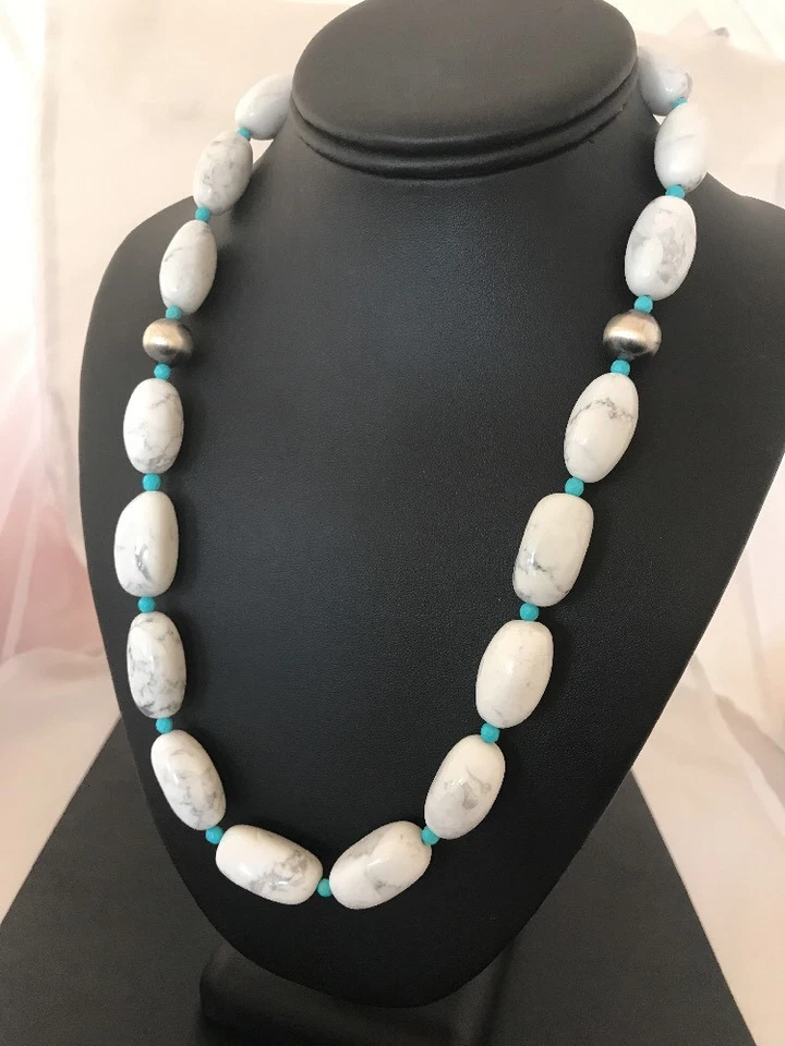 Navajo Sterling Silver White Howlite Turquoise Beads Necklace 22" 10241 - Image 3 of 4