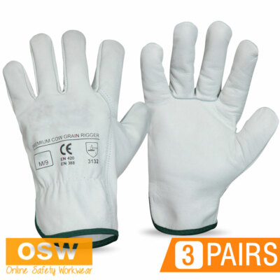 3 Pairs x Premium Cow Grain Leather Safety Work/Truck/Riggers/Towing Gloves