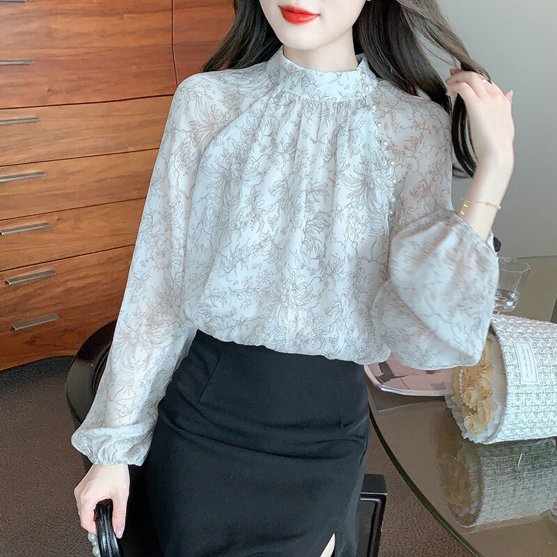 Fashion Lady Chiffon Shirt Blouse Floral Printed Top Beaded