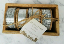 NWT Dillard's Set of Four Gift Wrapping Ribbon Trim Silver in Wood Box Christmas