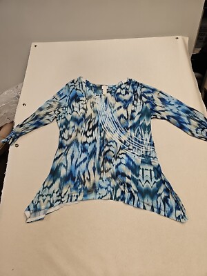 Chicos 2 Size Large Tie-Dye Abstract Asymmetrical Blouse Slinky 3/4 Sleeve