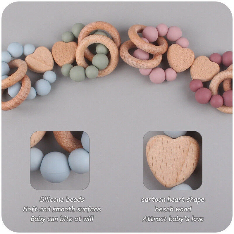Bracelets Rattles Wooden Teether Teething Baby Shower Gifts Silicone Toys - Image 4 of 4