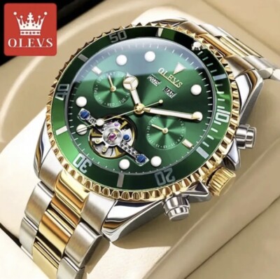 OLEVS Original Automatik Mechanische Herrenuhr Skelett Hohlgrün & Gold