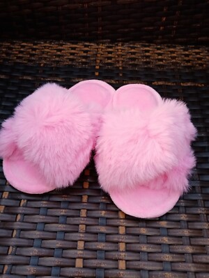 Angels by Accessorize Girls Faux Fur Crossover Slippers Pink Size 7-8  UK