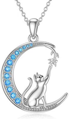 925 Sterling Silver Cat With Moon & Star Necklace Pendant - Dainty Jewelry Gift For Women And Girls