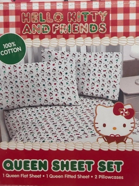 Hello Kitty Arcos de Navidad y Sombreros de Papá Noel Juego de Sábanas Queen de Algodón de 4 Piezas NUEVO Foto 2 de 4