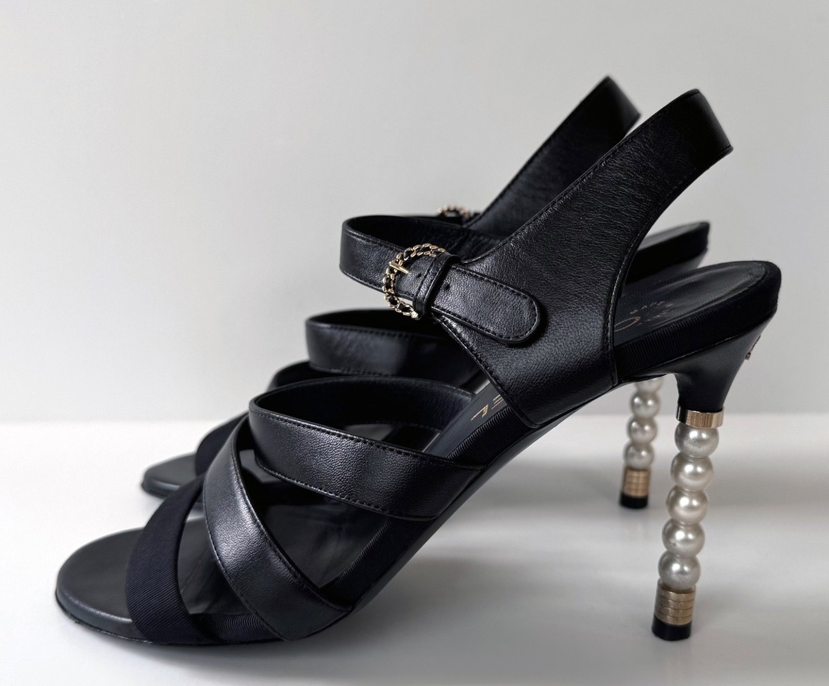 CHANEL BLACK LEATHER WHITE PEARL HIGH HEEL STRAPPY SANDALS 38 | eBay