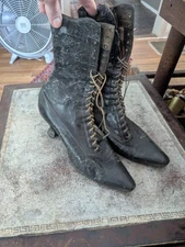 ANTIQUE VICTORIAN LADIES BLACK HIGH TOP LACE UP HIGH HEEL BOOTS STEAMPUNK