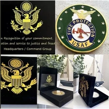 U S AIR FORCE Fire Department Protection Challenge Coin USAF With Velvet Case